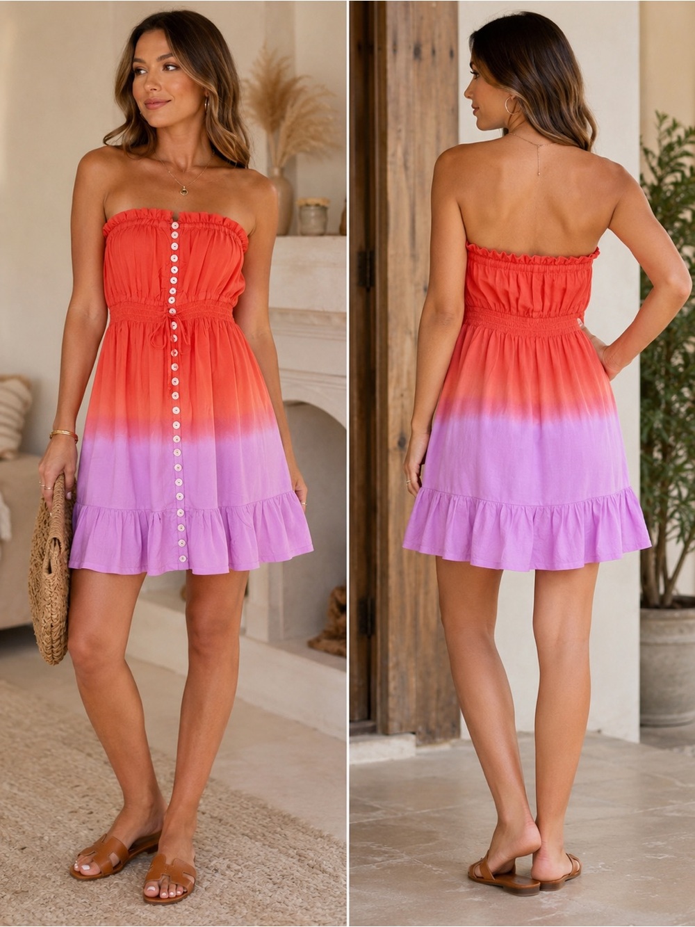 Tiare Hawaii Strapless Ombre Dress in Coral and Lavender